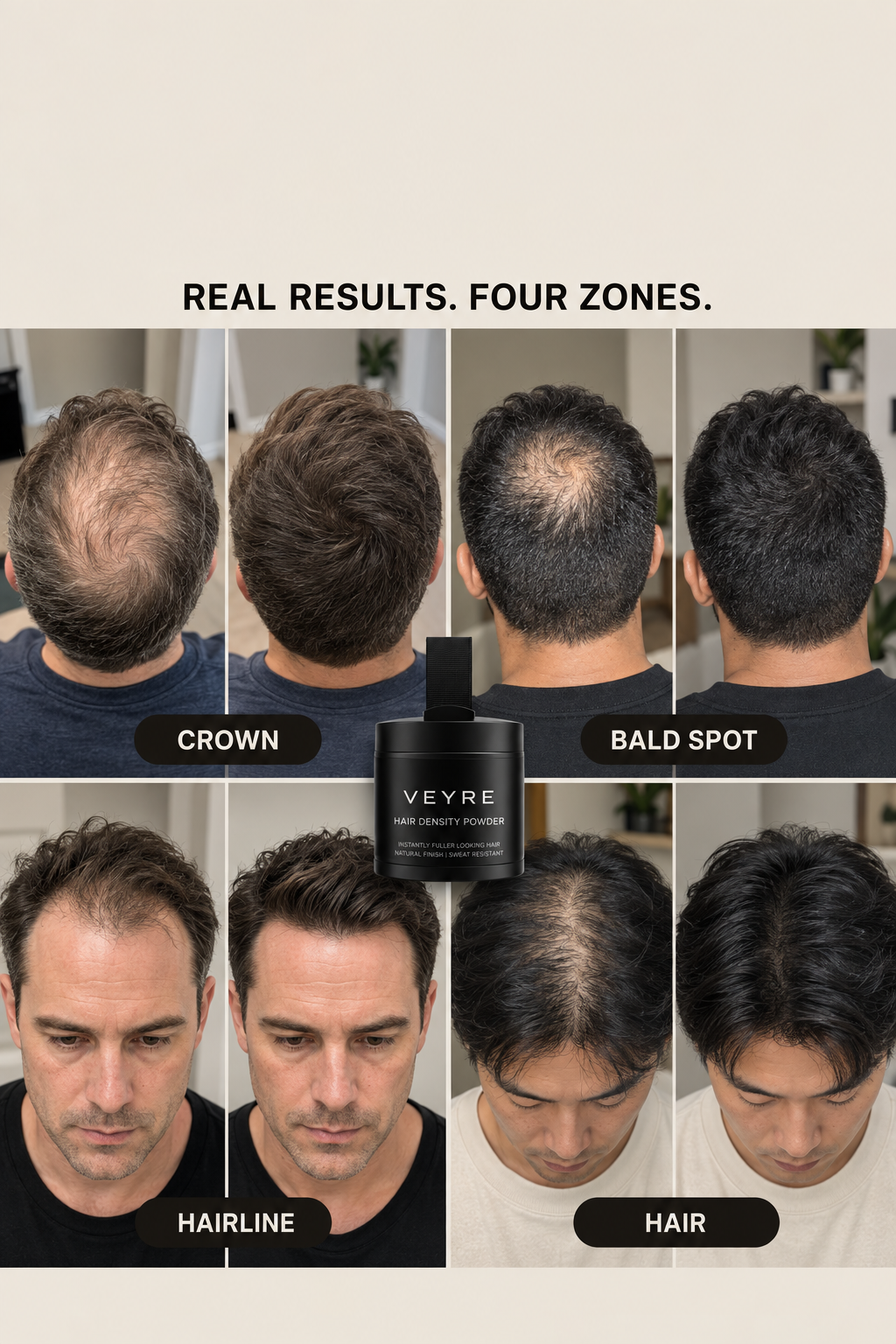 Hair Density Powder comparisons: crown, bald spot, hairline and hair
